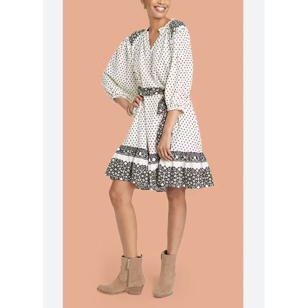 Knox Rose Western Peasant Boho Dress Women's Small Tie‎ Long Sleeve Polka Dot